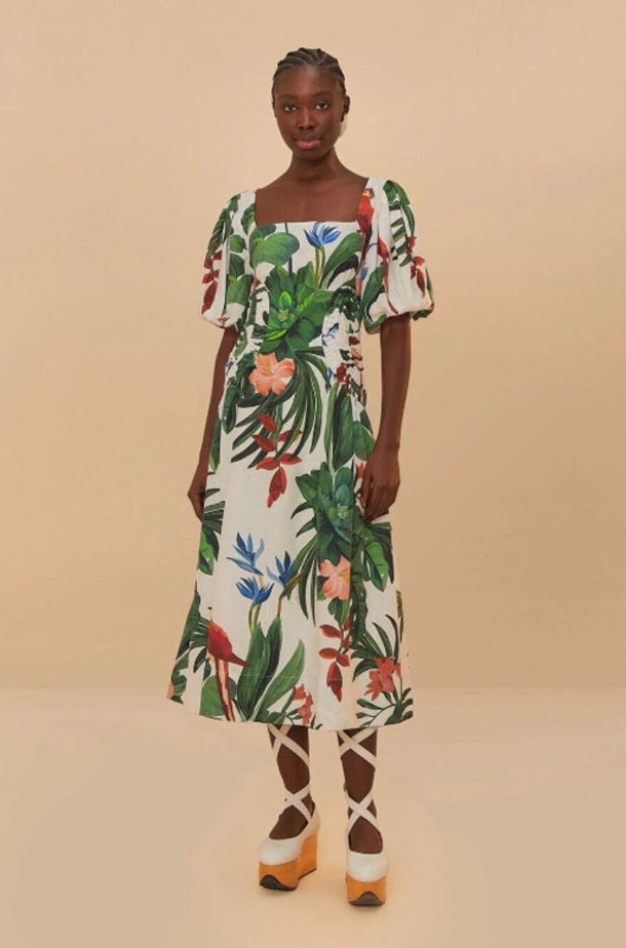 Farm Rio Midnight Macaw Fiesta Linen Blend Puff-Sleeve Midi Dress size Medium M